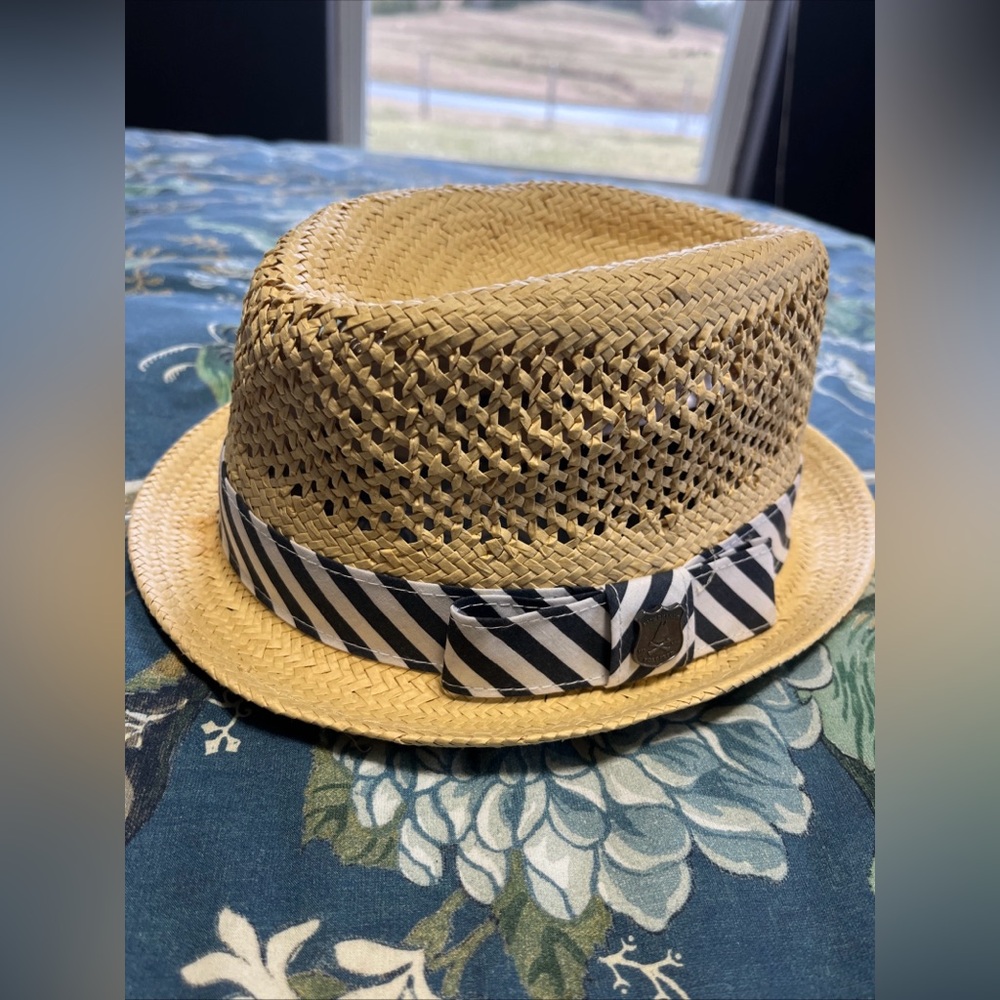 Nick Graham Straw Fedora Hat NWT $50 Striped Ribbon Preppy Summer L/XL